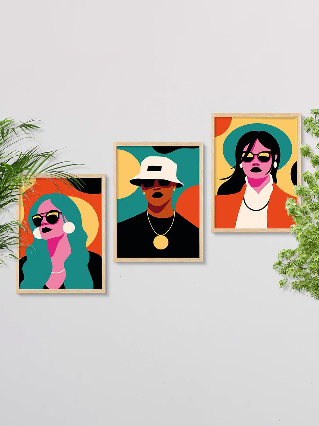 SAF 3-Pcs Green & Red Boho Women Painting Framed Wall Art