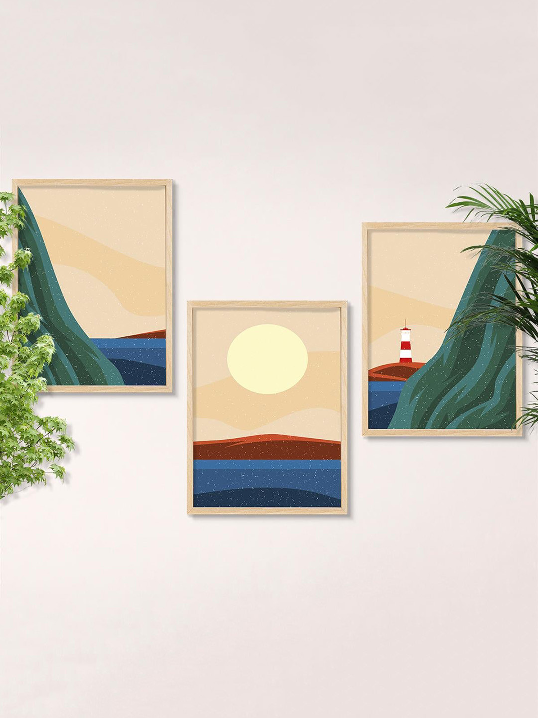 SAF 3-Pcs Peach-Coloured & Blue Modern Art Painting Framed Wall Art