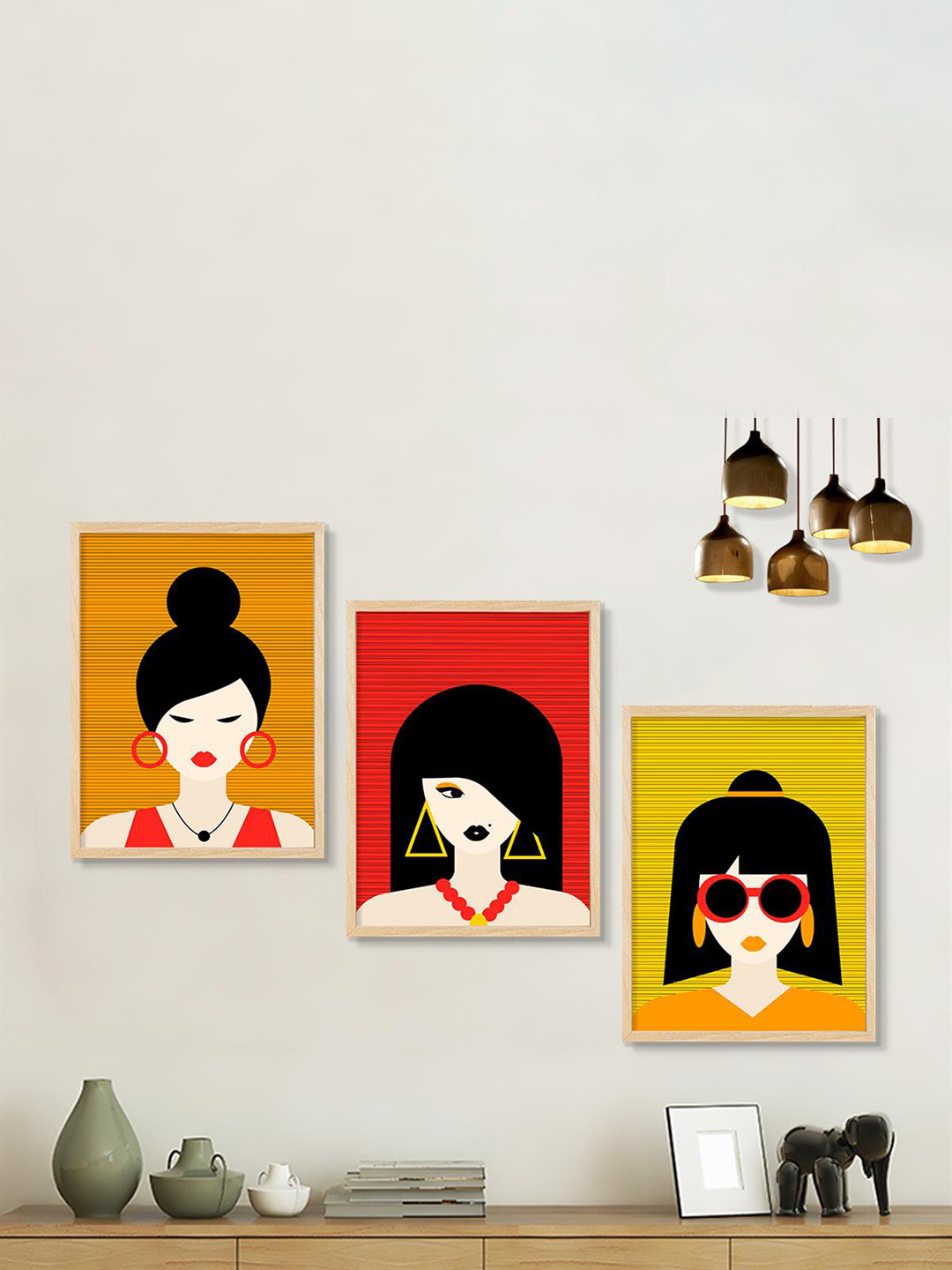 SAF 3-Pcs Red & Yellow Boho Women Painting Framed Wall Art