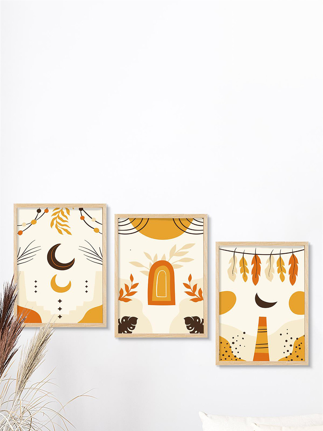 SAF 3 Pcs Brown & White Modern Painting Framed Wall Art