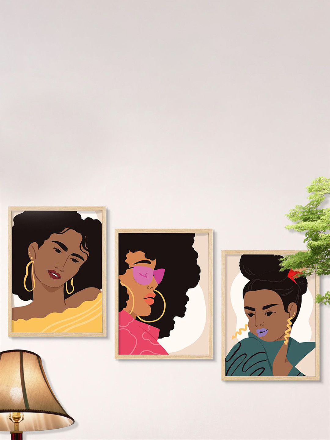 SAF Boho Woman MDF 3 Piece Wall Rectangle Paintings Wall Art - 19.5 x 13.5 In