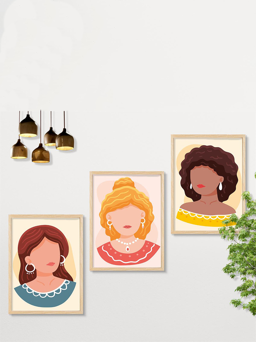 SAF 3-Pcs Brown & Cream-Colored Boho Women Painting Framed Wall Art