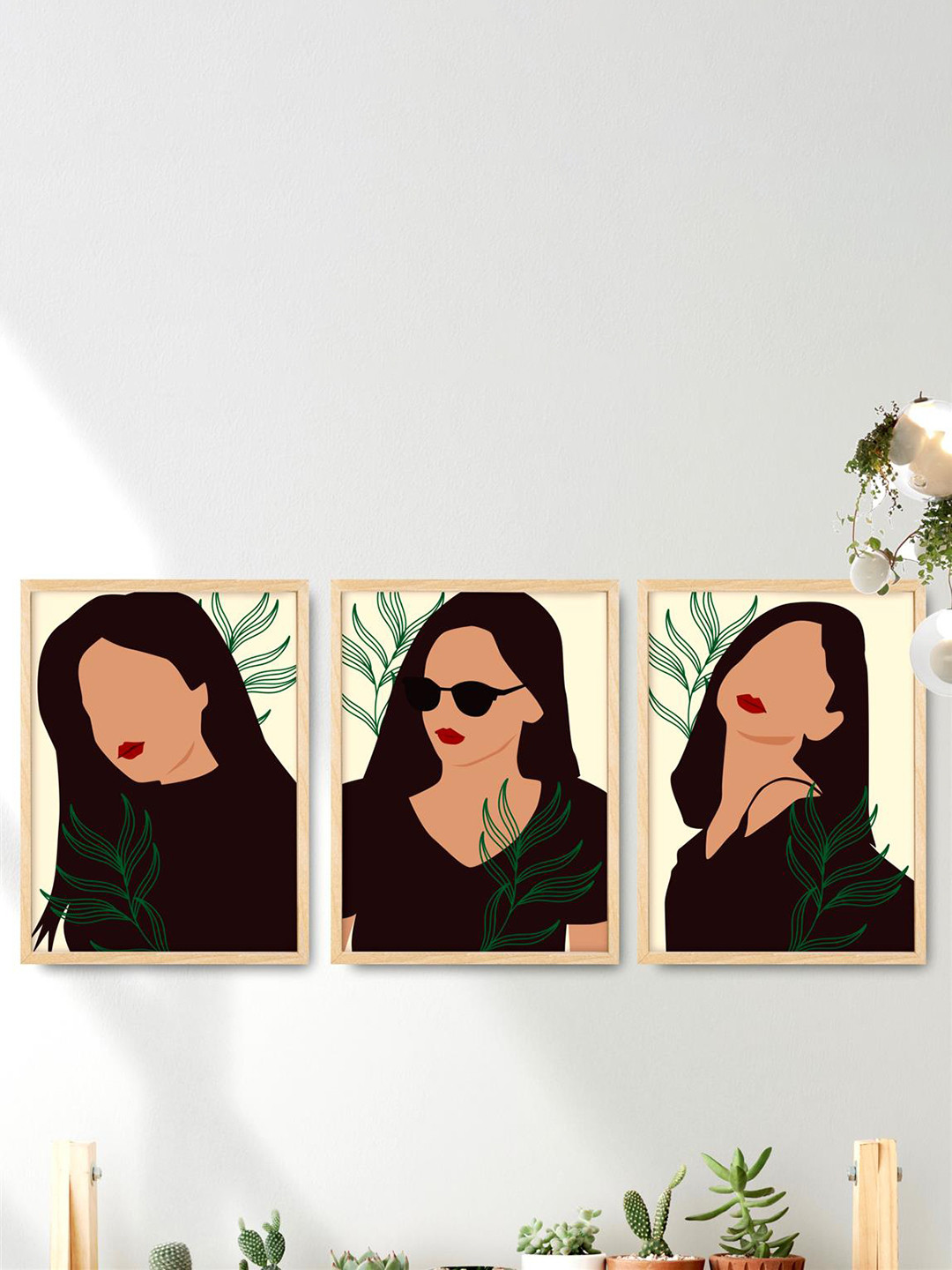 SAF 3-Pcs Black & Green Boho Women Painting Framed Wall Art