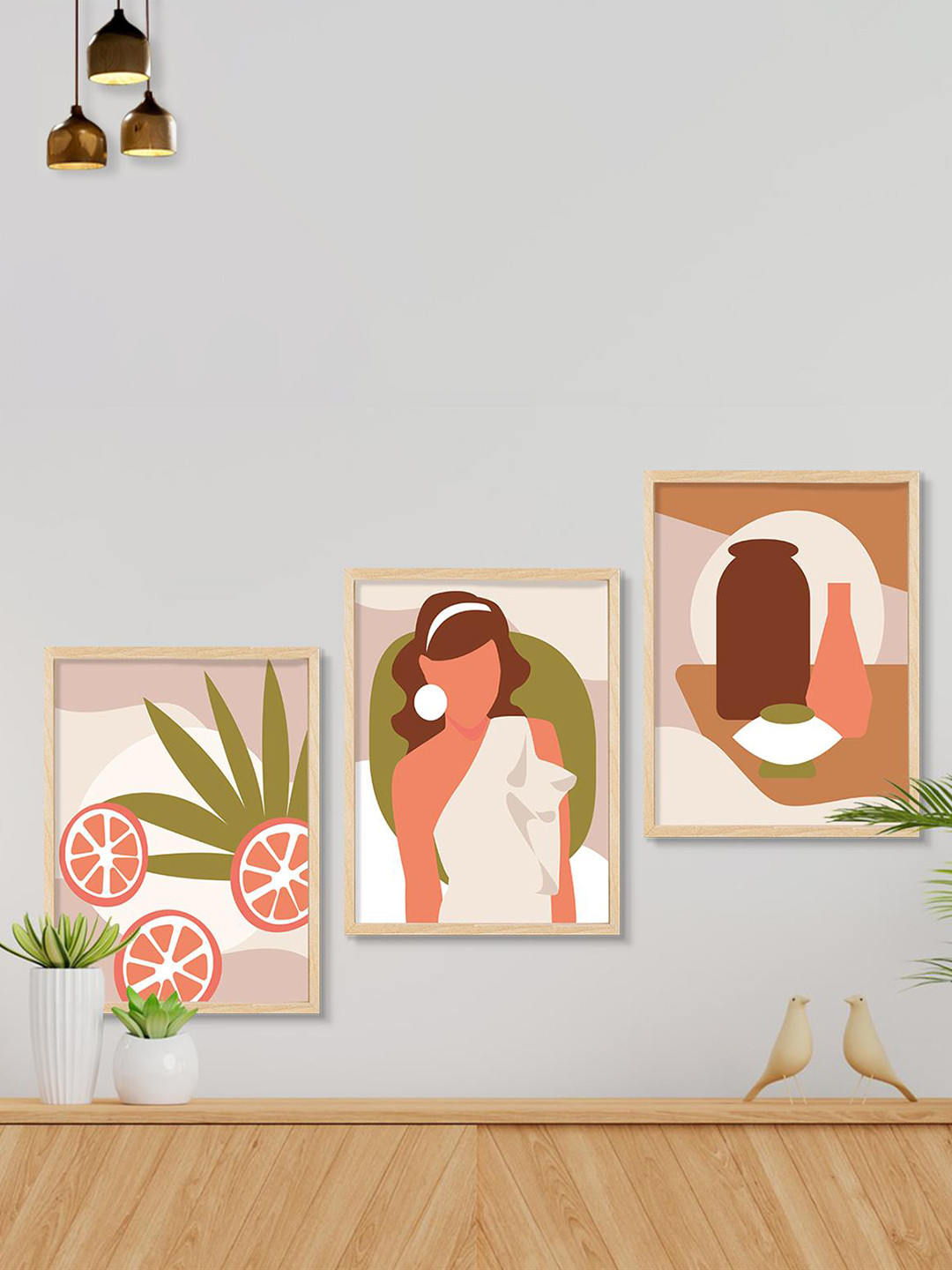 SAF Boho Art MDF 3 Piece Wall Rectangle Paintings Wall Art -40.5 x 19.5 In