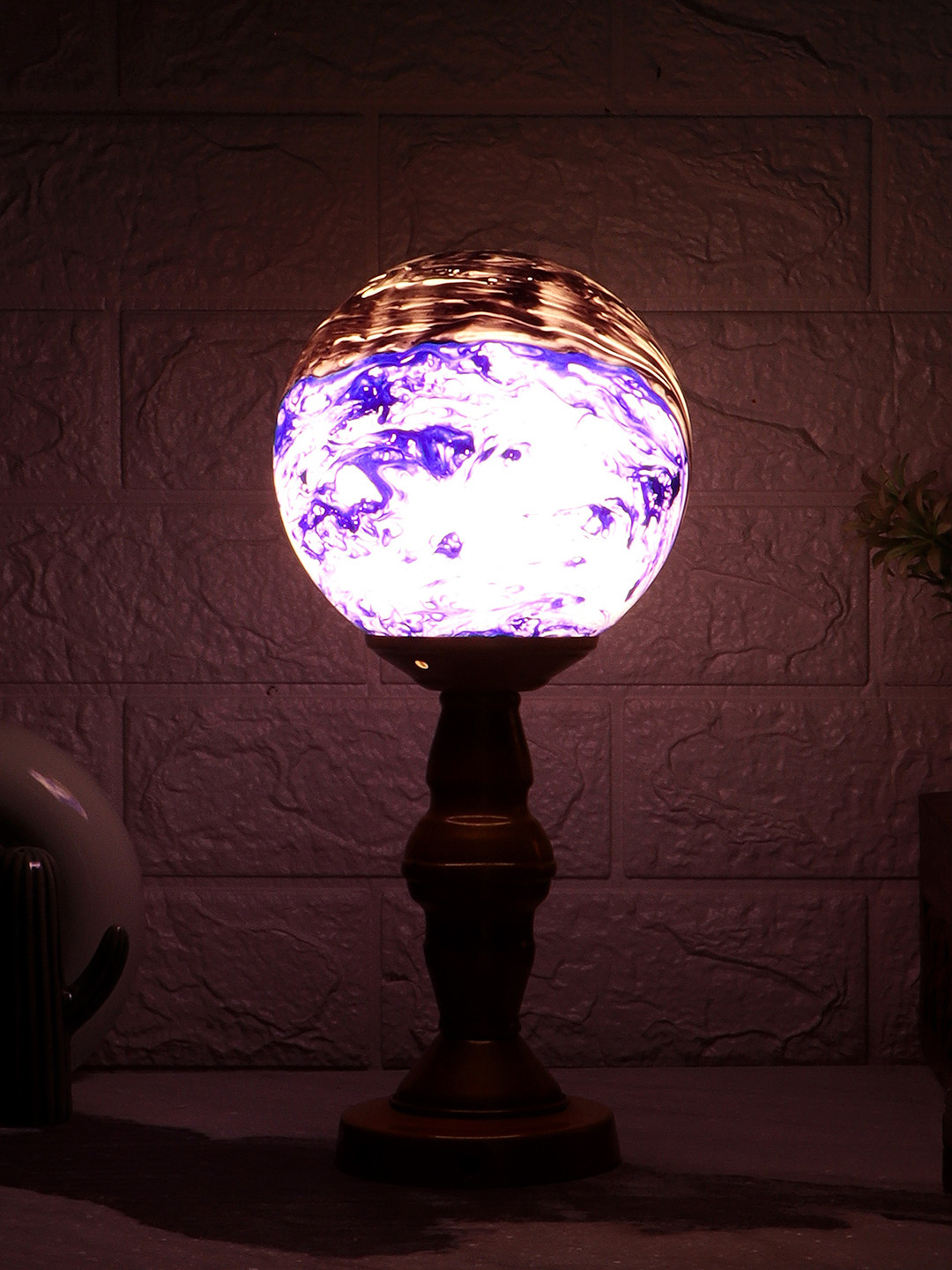 MFD HOME FURNISHING Blue & Golden Printed Table Lamp