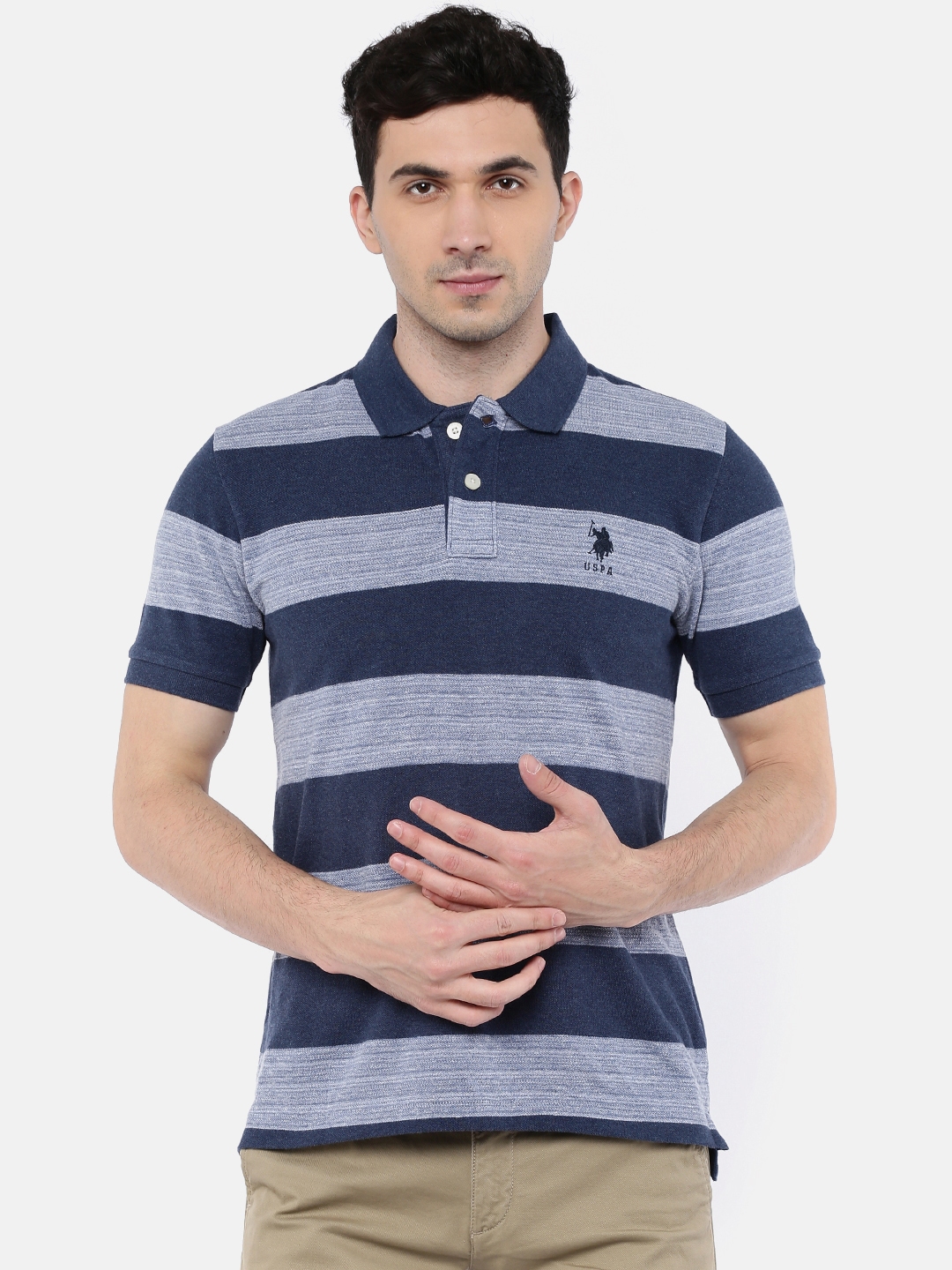 navy blue striped polo shirt