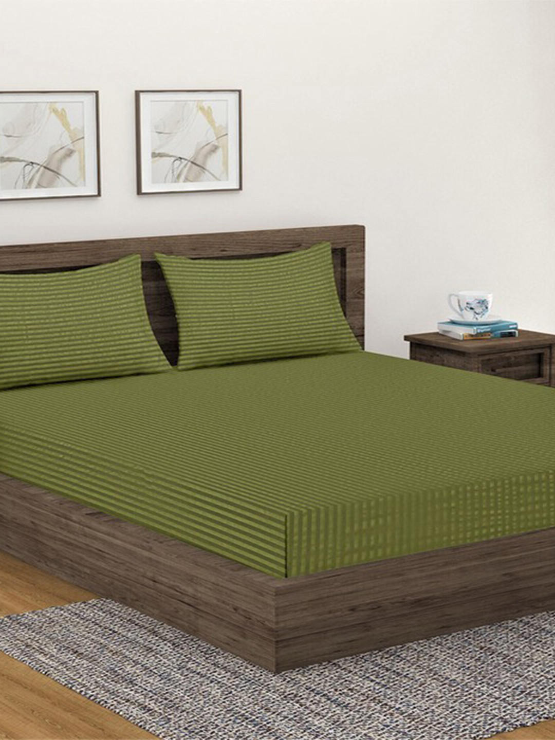 Hammer Home Olive Green Poly Cotton Striped Fitted 1 Bedsheet with 2 Pillow cover