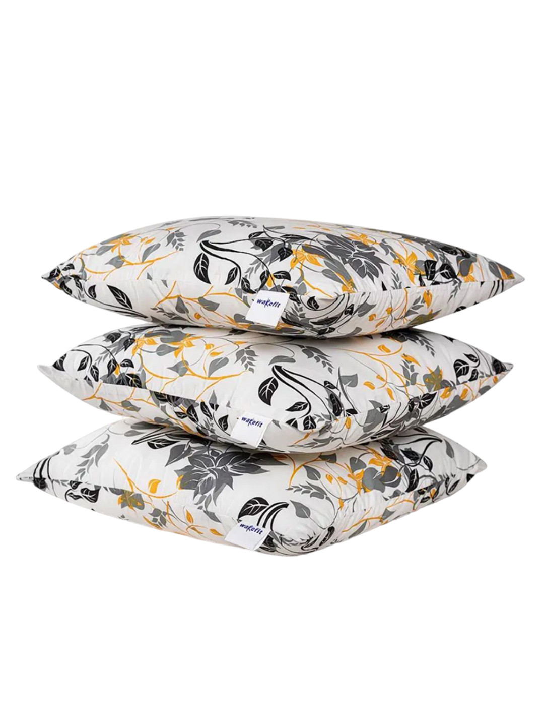 wakefit White & Grey 3 Pieces Floral Printed Pre-Filled Cotton Cushions