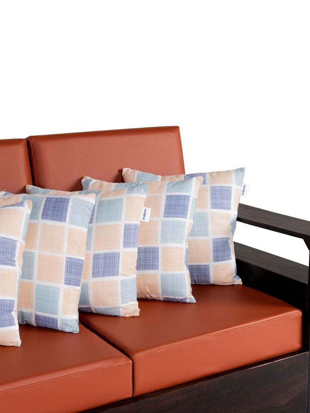 wakefit 5 Pcs Cream-Coloured & Blue Checked Cotton Pre-Filled Cushions