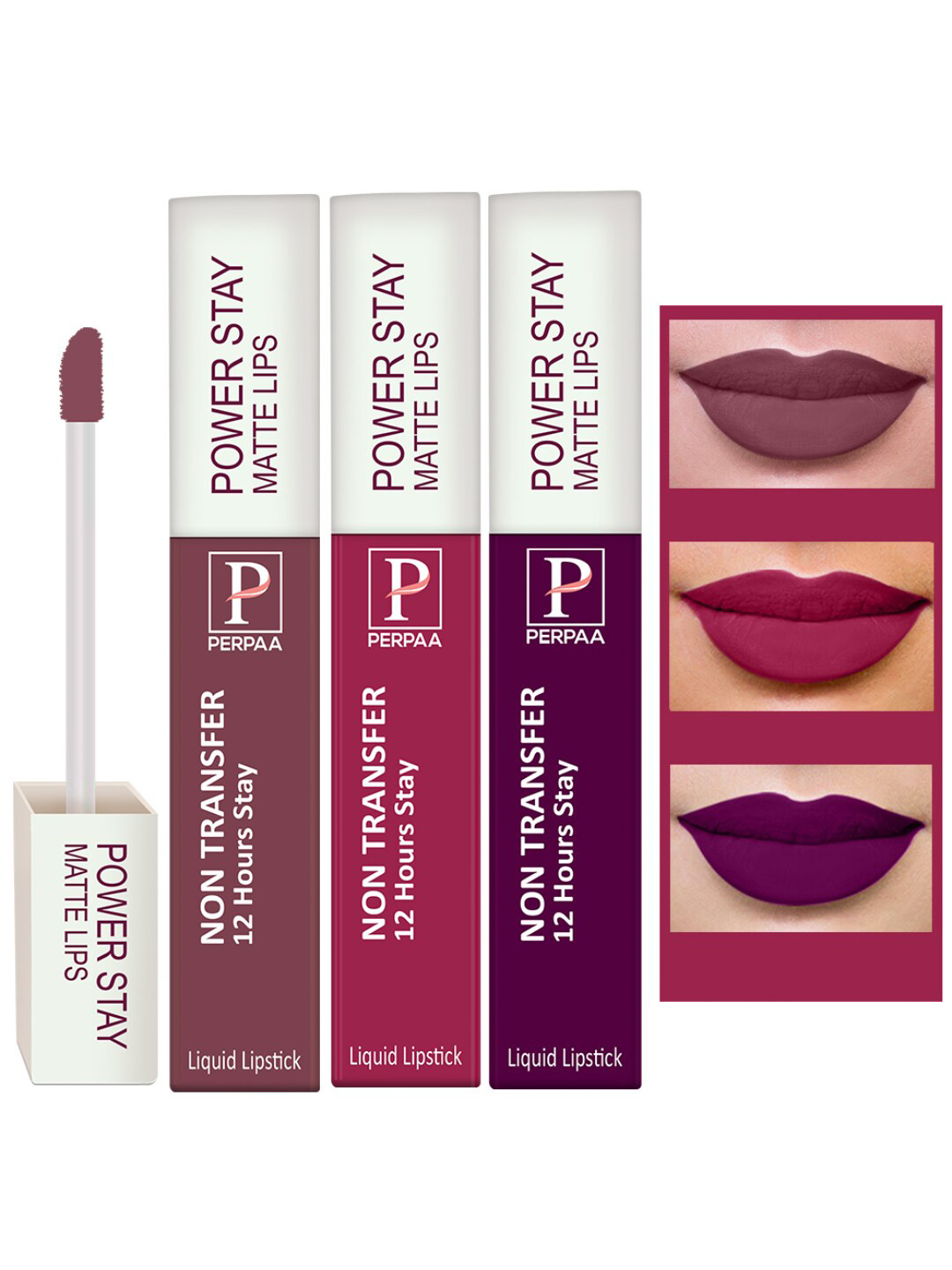 PERPAA Set of 3 Power Stay Non-Transferable Matte Liquid Lipsticks with Vit E - 5ml Each