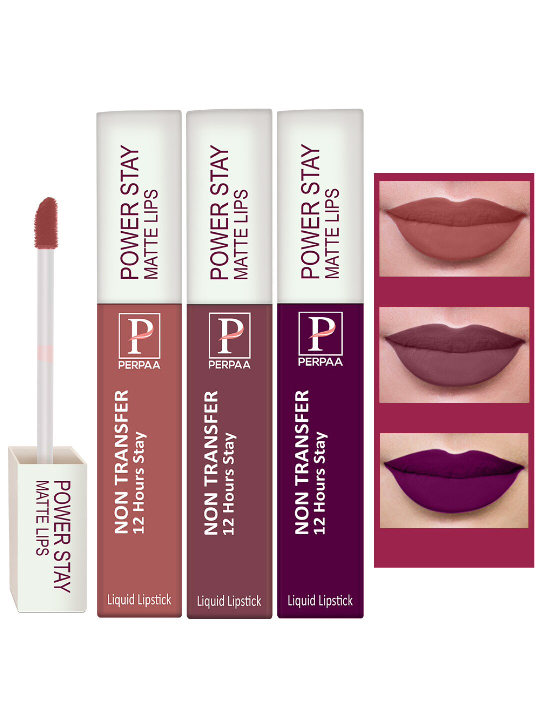 PERPAA Set of 3 Power Stay Non-Transferable Matte Liquid Lipsticks with Vit E - 5ml Each
