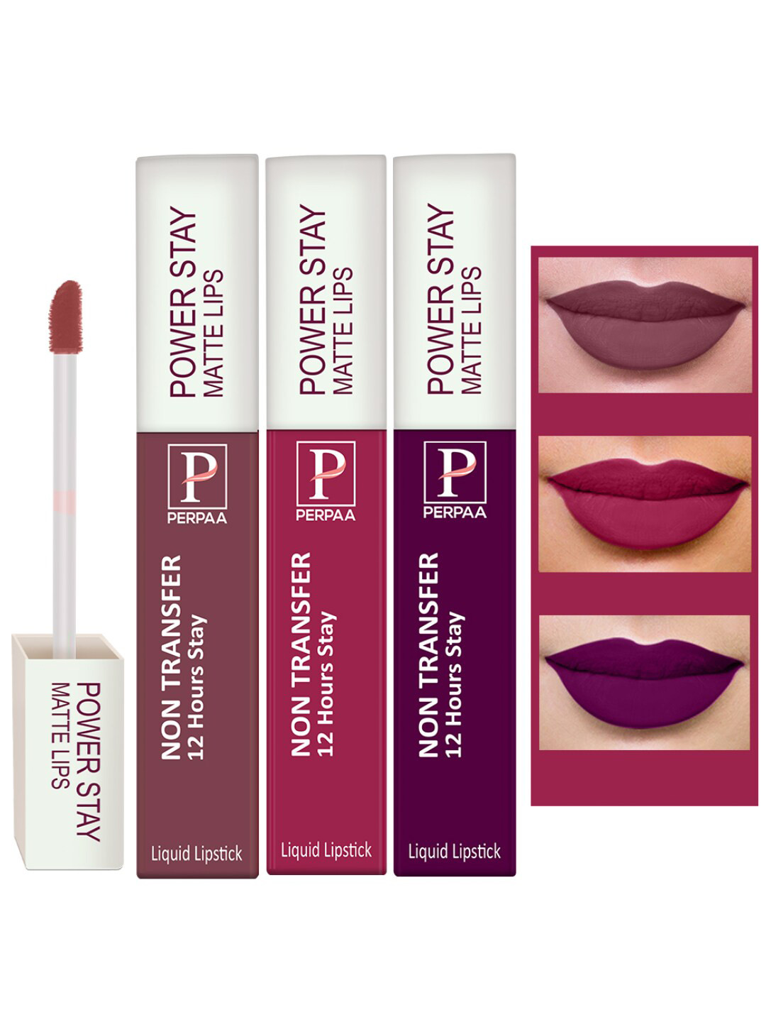 PERPAA Set of 3 Power Stay Liquid Lipsticks 5ml Each - Wine 03, Dark Pink 10, Apple Red 22