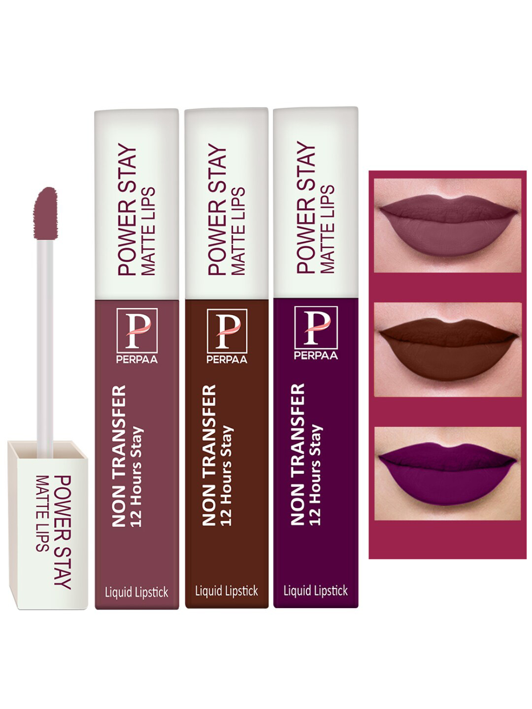 PERPAA Set of 3 Power Stay Lipsticks 5ml Each - Wine 03, Bom Bon Brown 16, Mauve23