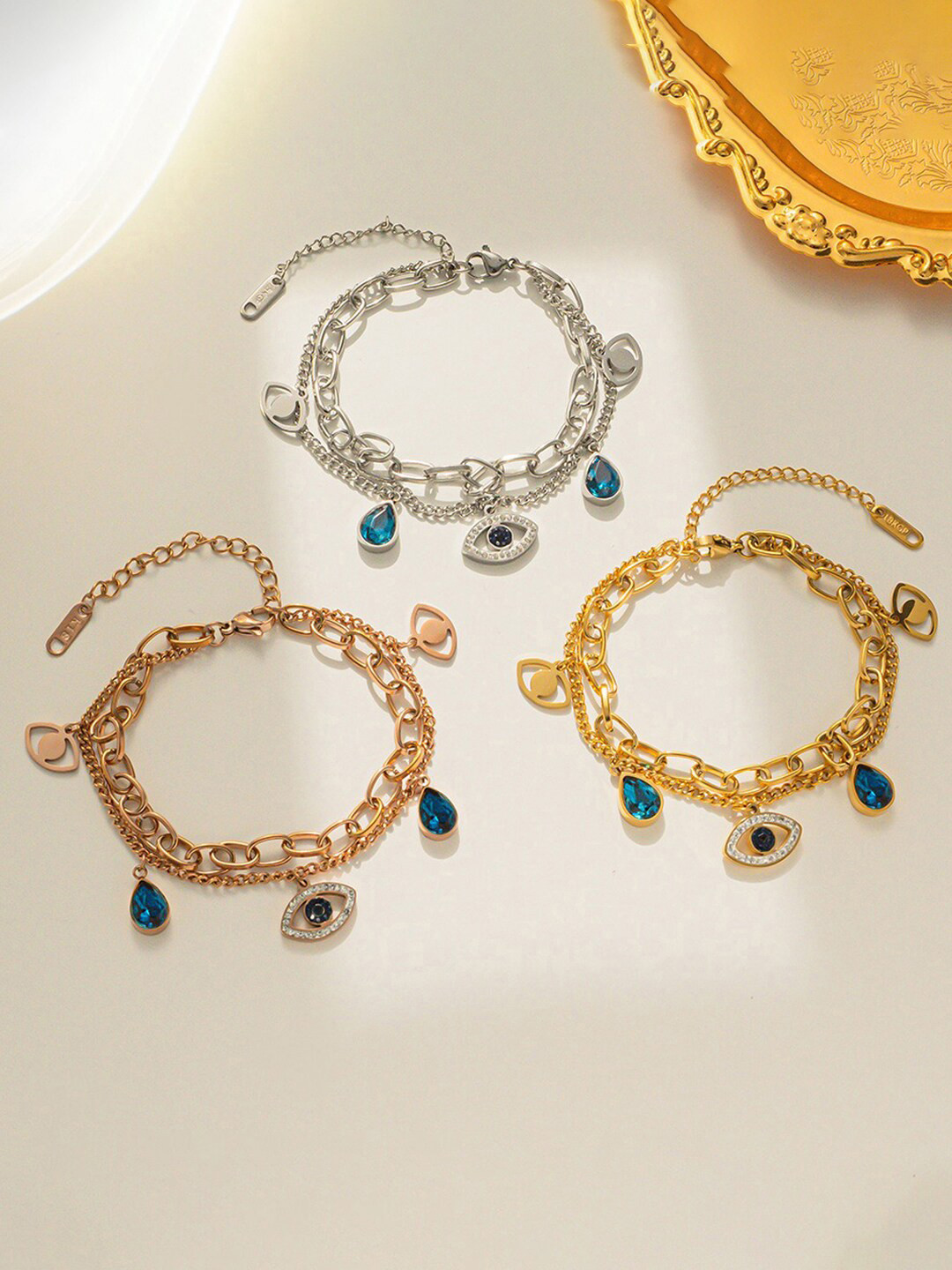 Designs & You Set Of 3 Rose Gold Plated Silver Plated & Gold-Plated Charm Bracelet