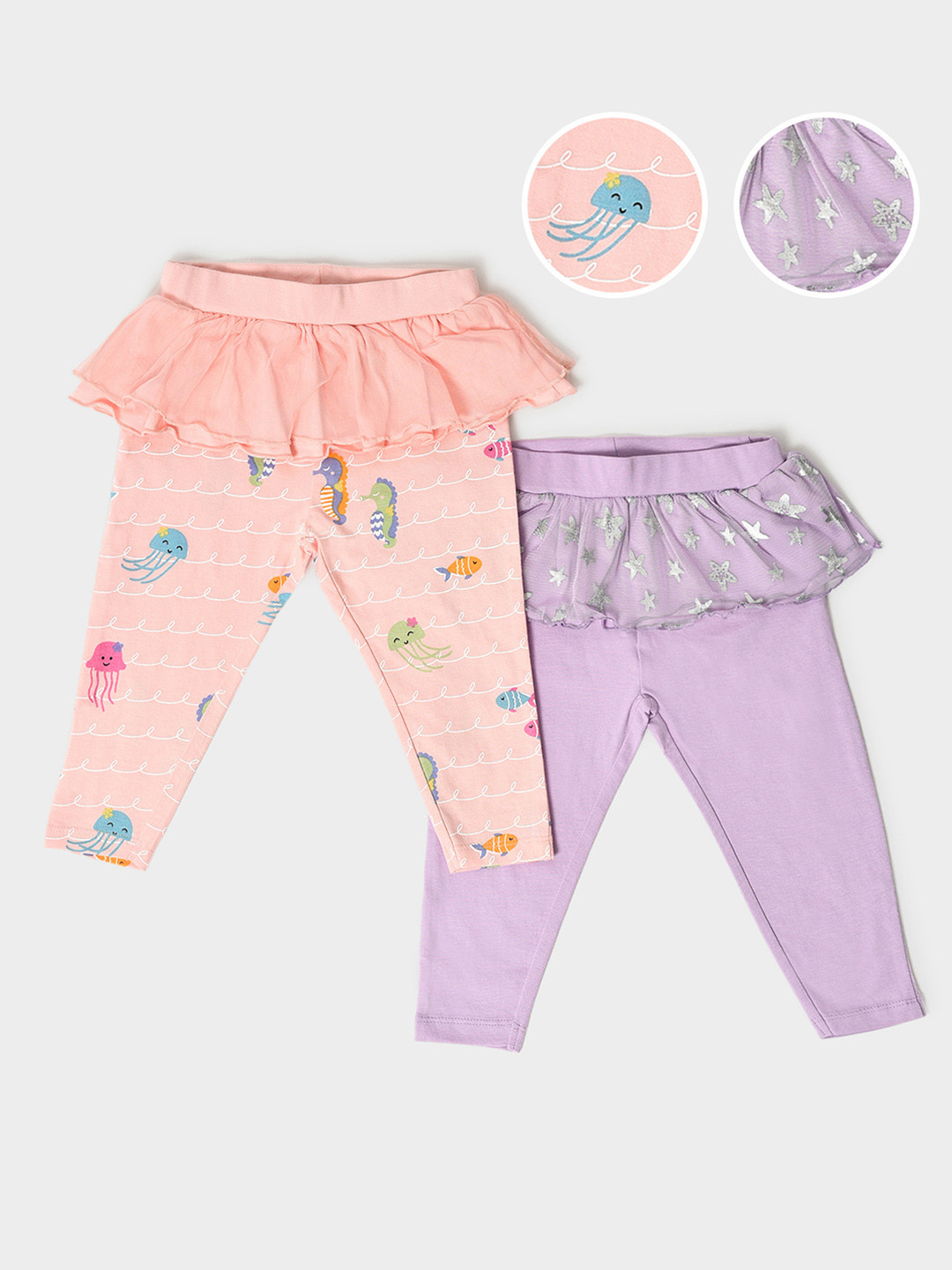 MiArcus Infant Girls Pack Of 2 Printed Ruffles Tutu Skirt Detail Cotton Leggings