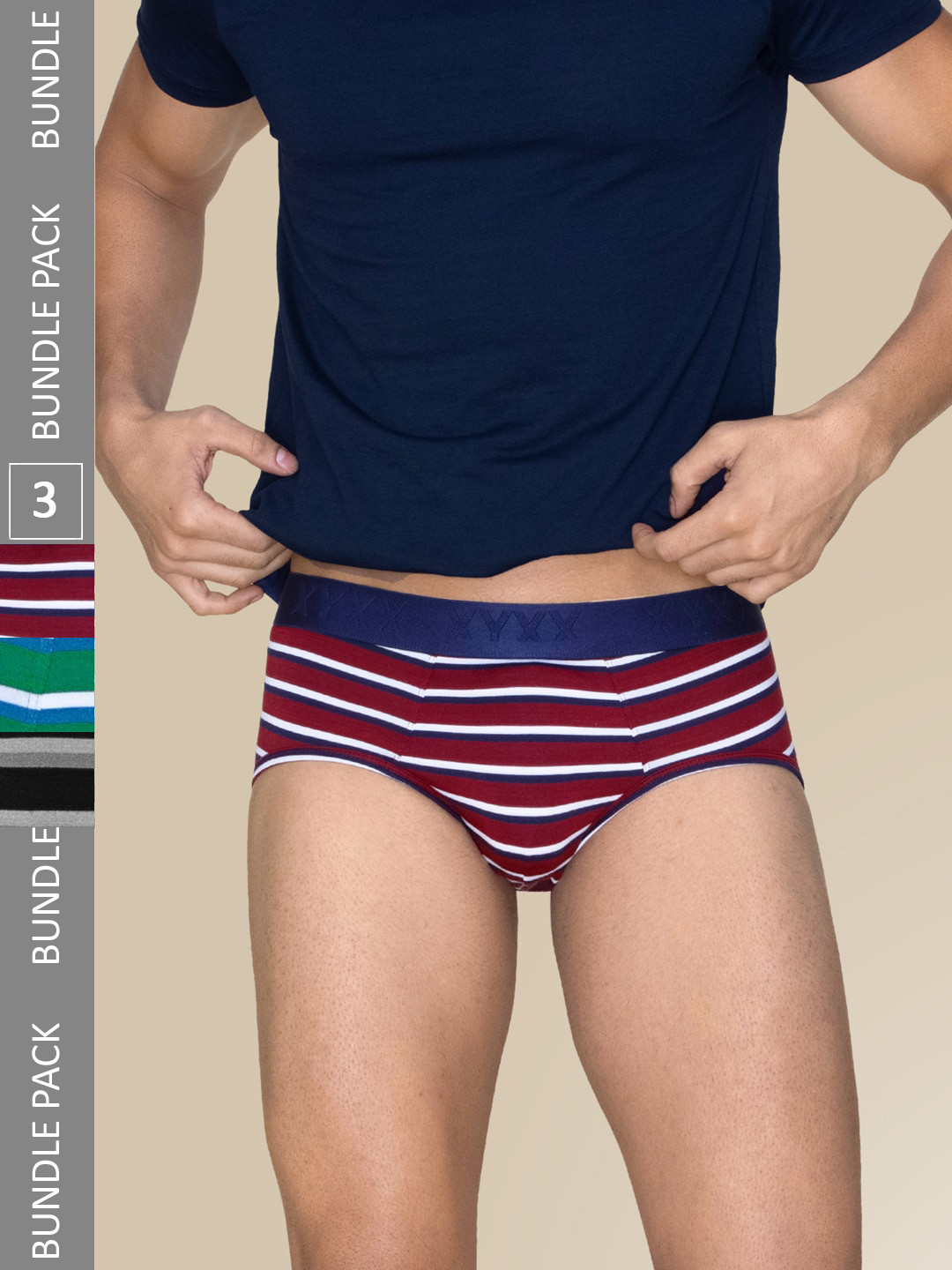 XYXX Men Pack Of 3 Striped Linea Micro Modal Basic Briefs XYBRF3PCKN945