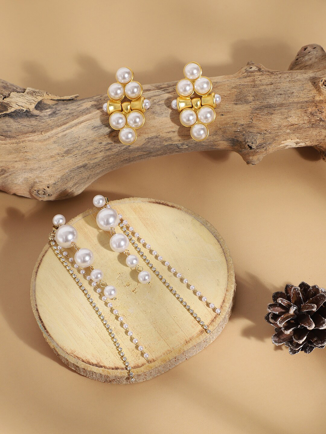 SOHI Set Of 2 Gold-Plated Contemporary Stone Studded And Beaded Drop Earrings