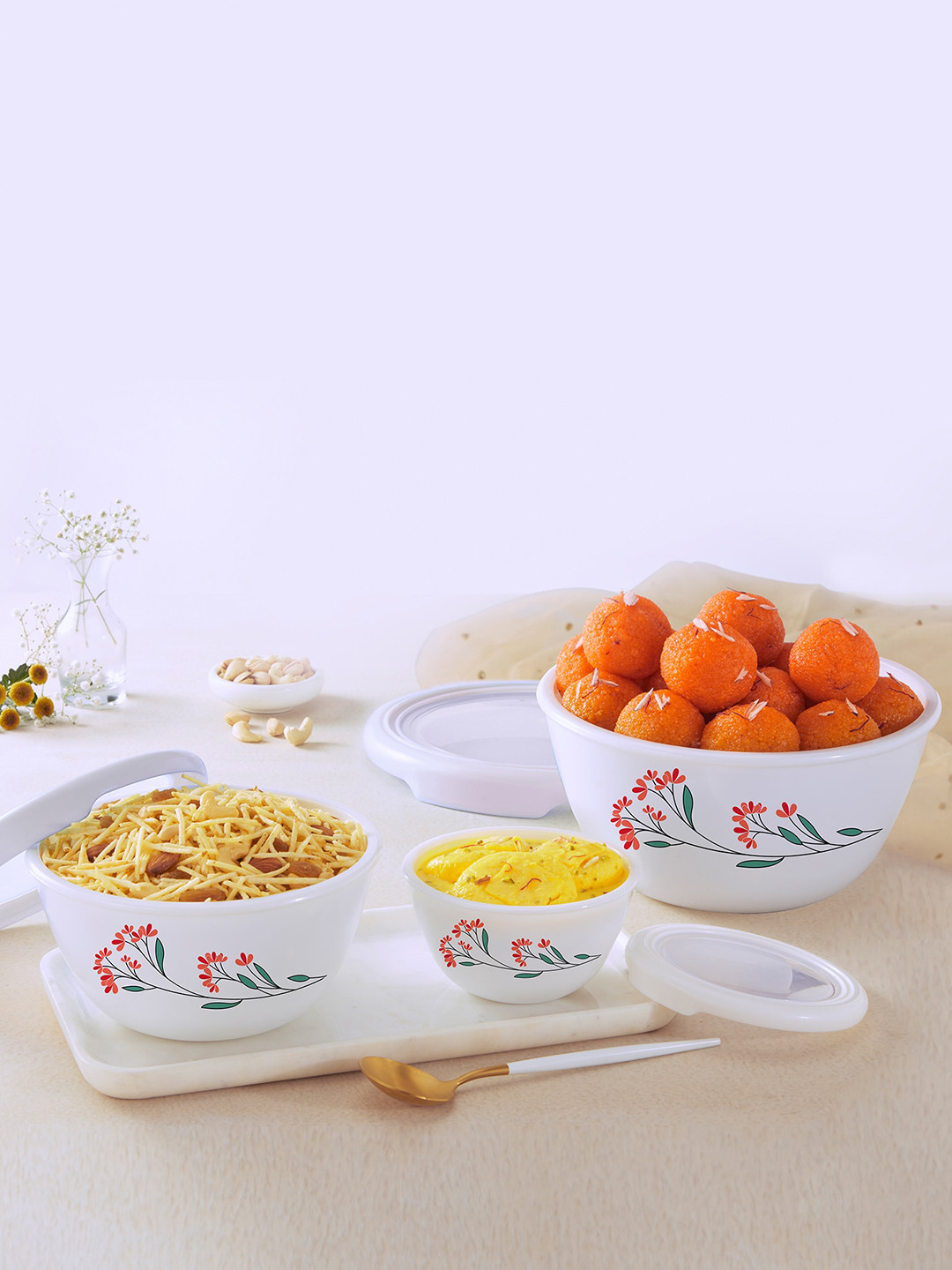 Cello Royale Series 3pc Red Blossom Opalware Mixing Bowl with Premium Lid- 500ml,1L,1.5L