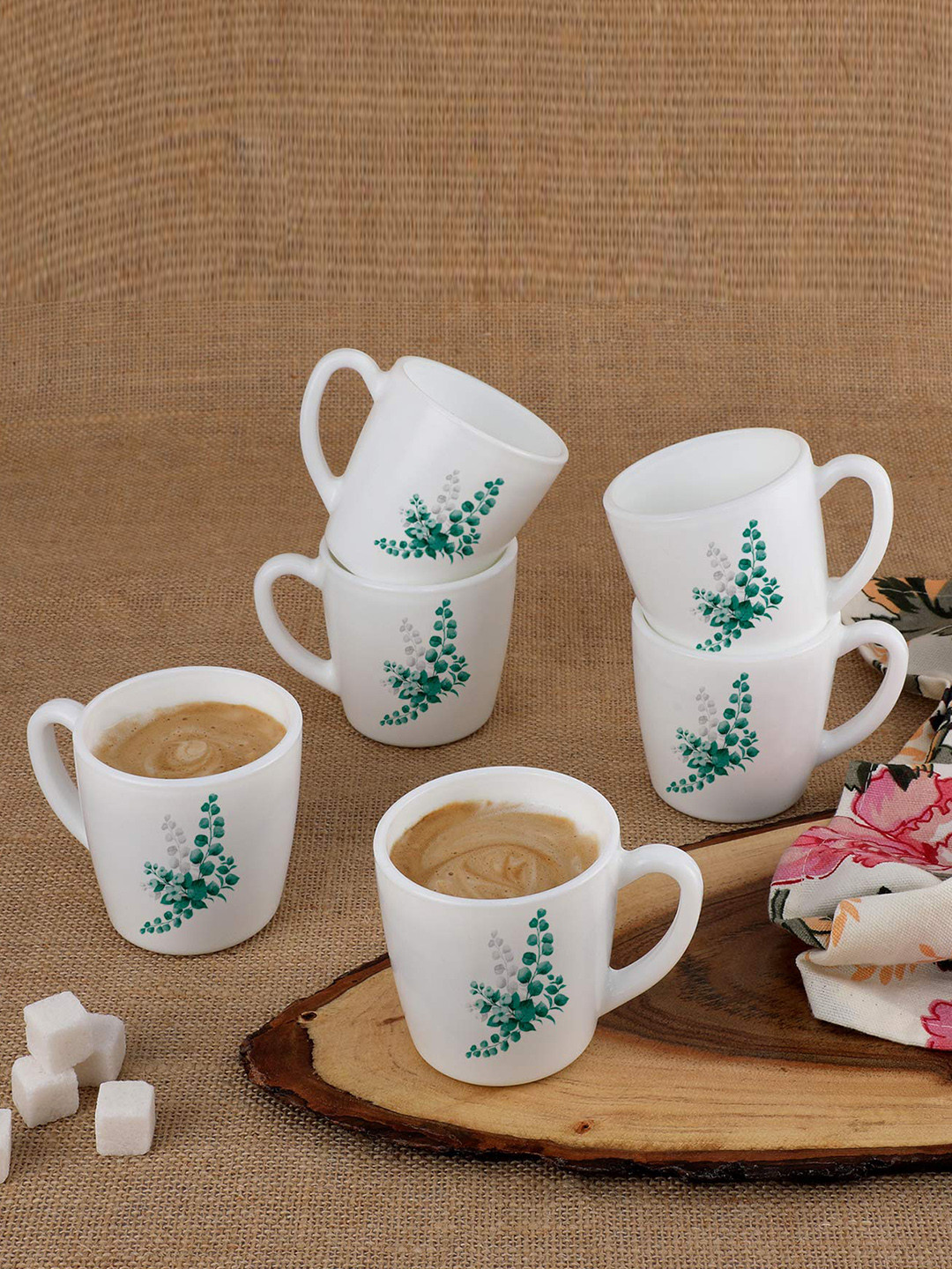 Cello White & Teal 6 Pieces Floral Printed Ceramic Glossy Mugs 180 ml Each