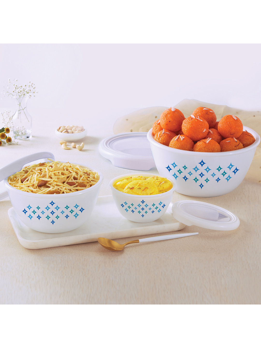 Cello Royale Series 3pc Cool Star Opalware Mixing Bowl with Premium Lid- 500ml,1 L,1.5 L