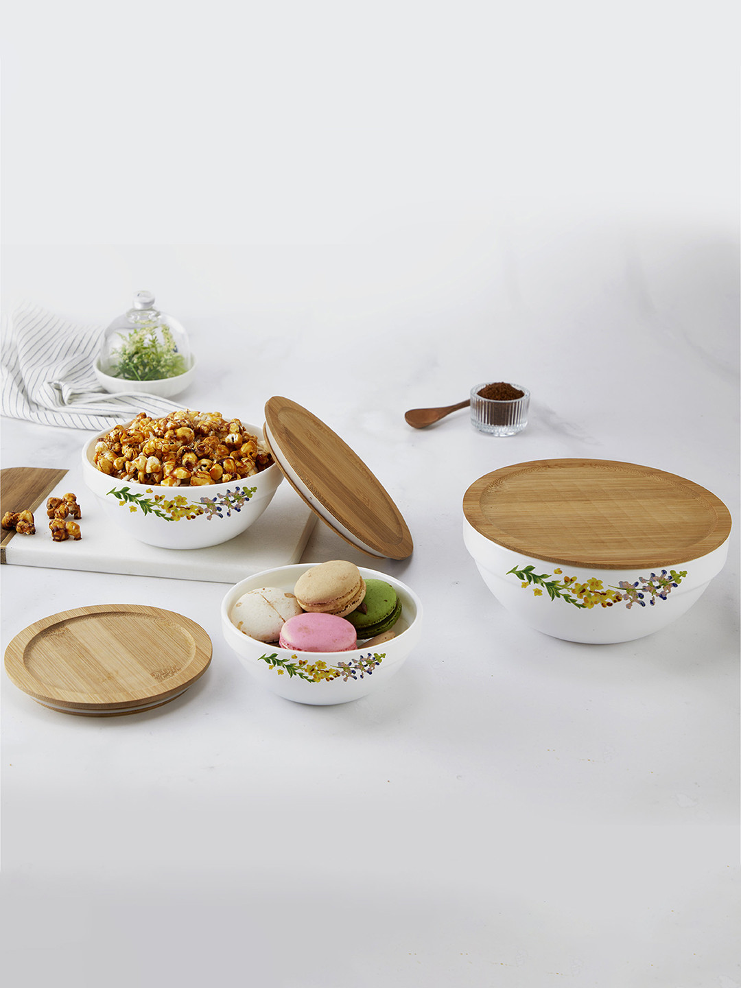 Cello Royale Set of 3 Botanica Microwave Safe Opalware Mixing Bowl With Lid500ml,1L,1.5L