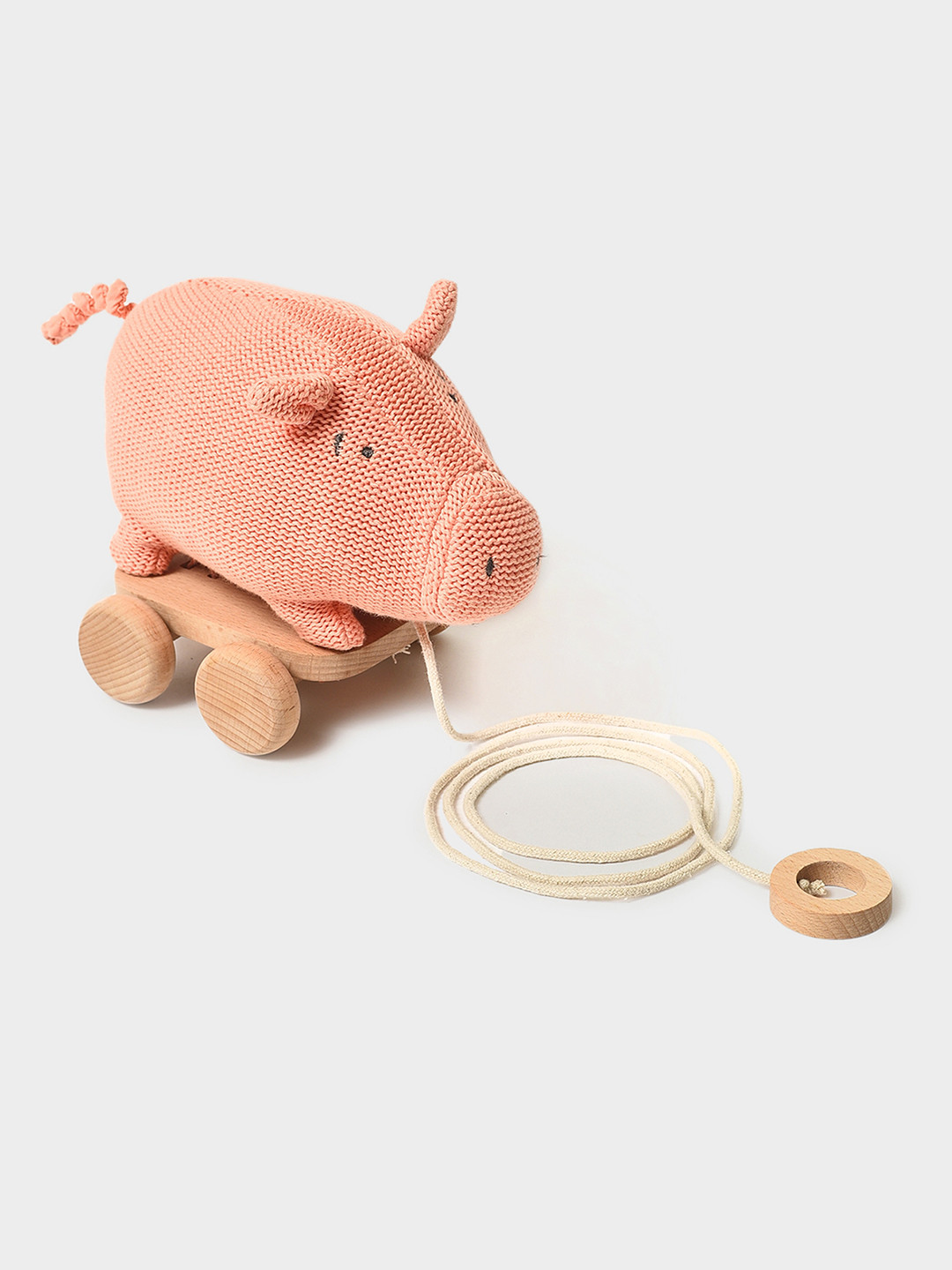 MiArcus Pig Push & Pull Soft Toy With Attached Wooden Cart With Rope Drag - Peach