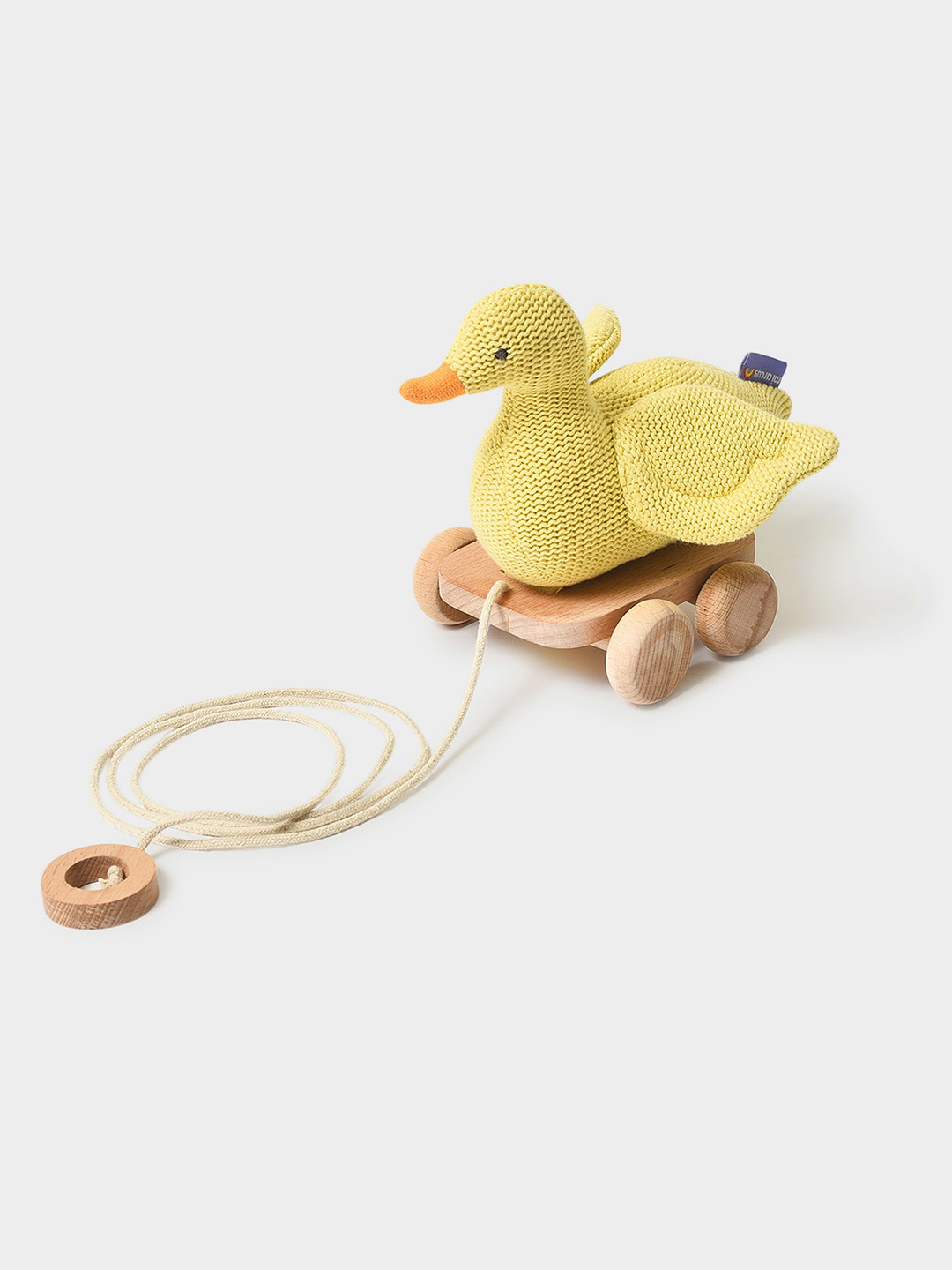 MiArcus Duck Pig Push & Pull Soft Toy With Attached Wooden Cart With Rope Drag - Yellow