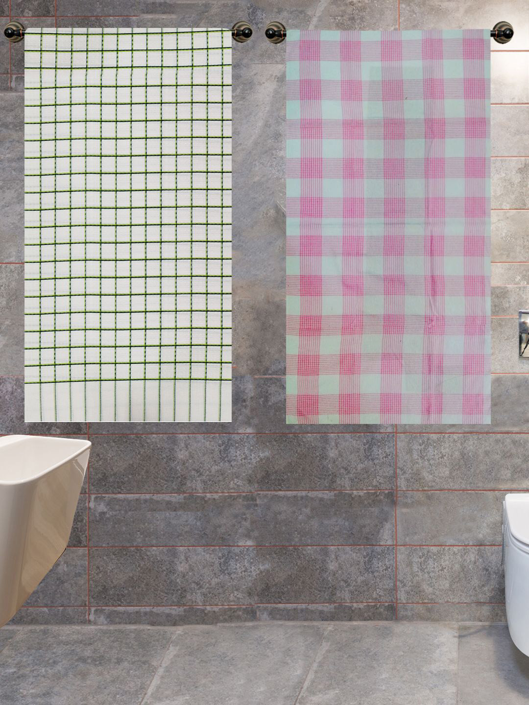 Athom Trendz 2-Pcs White & Pink Checked 210 GSM Pure Cotton Bath Towels