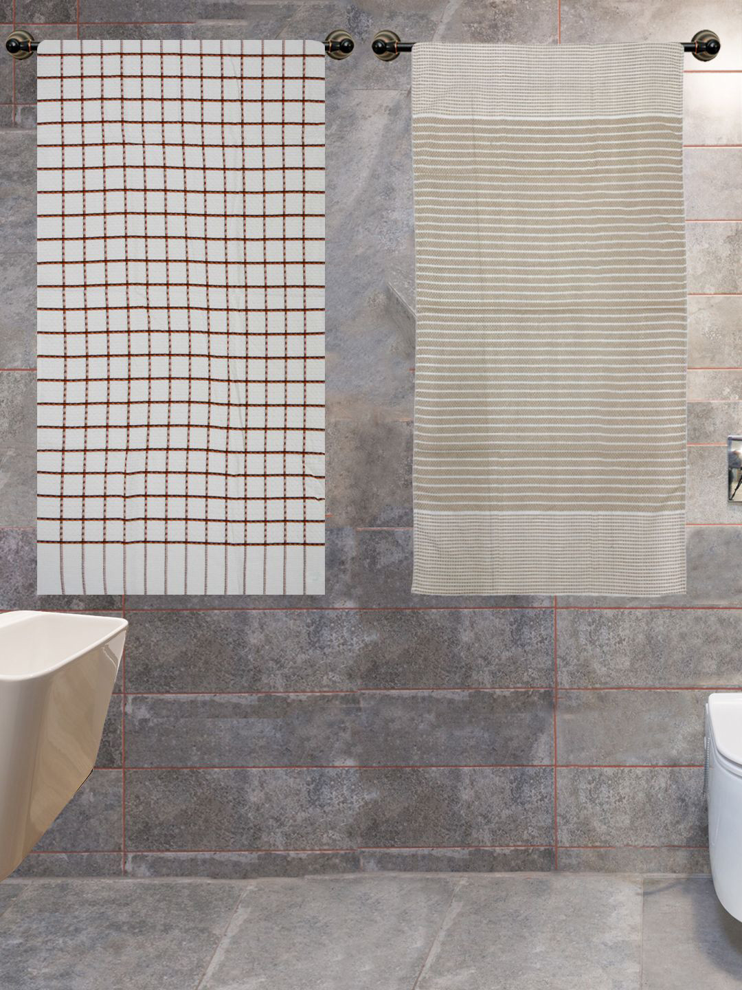 Athom Trendz 2-Pcs White & Beige Woven Design 210 GSM Pure Cotton Bath Towels