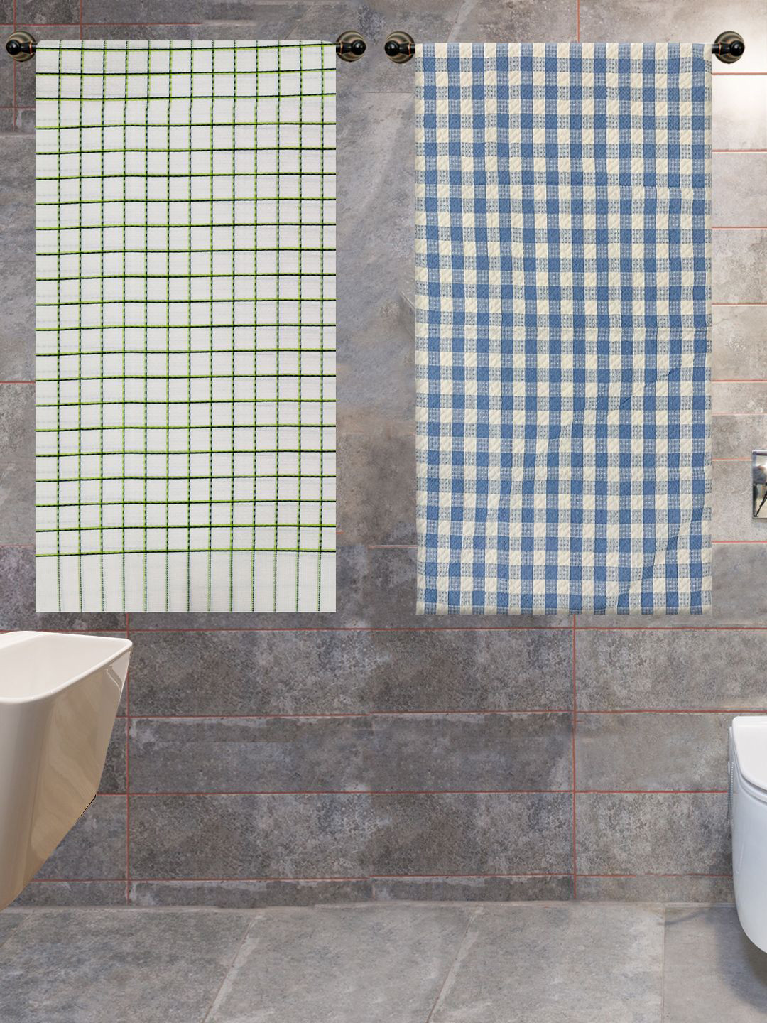 Athom Trendz 2-Pcs White & Blue Checked 210 GSM Pure Cotton Bath Towels