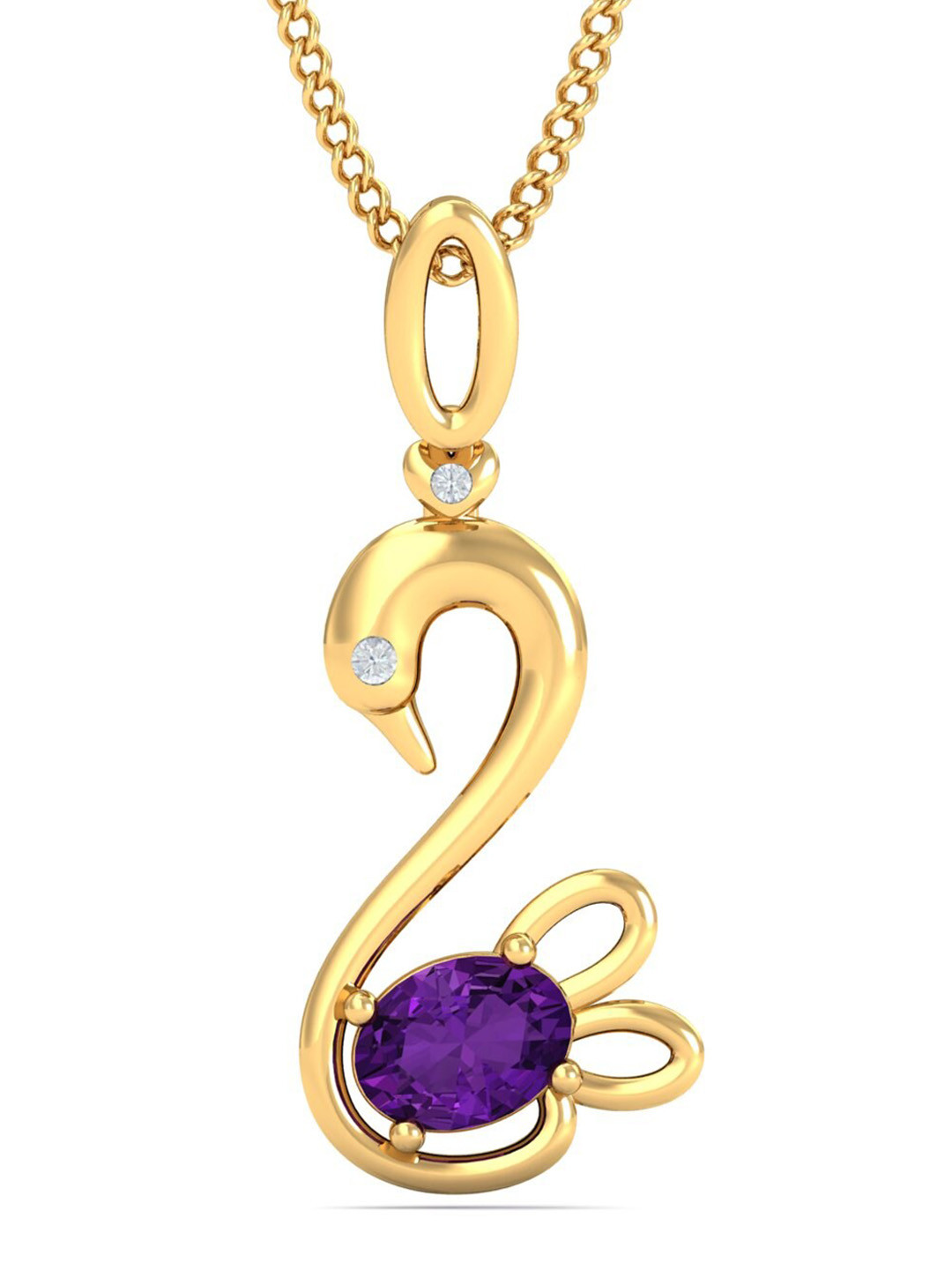 KUBERBOX Swan 18KT Gold Diamond-Studded Amethyst Pendant-0.99 gm