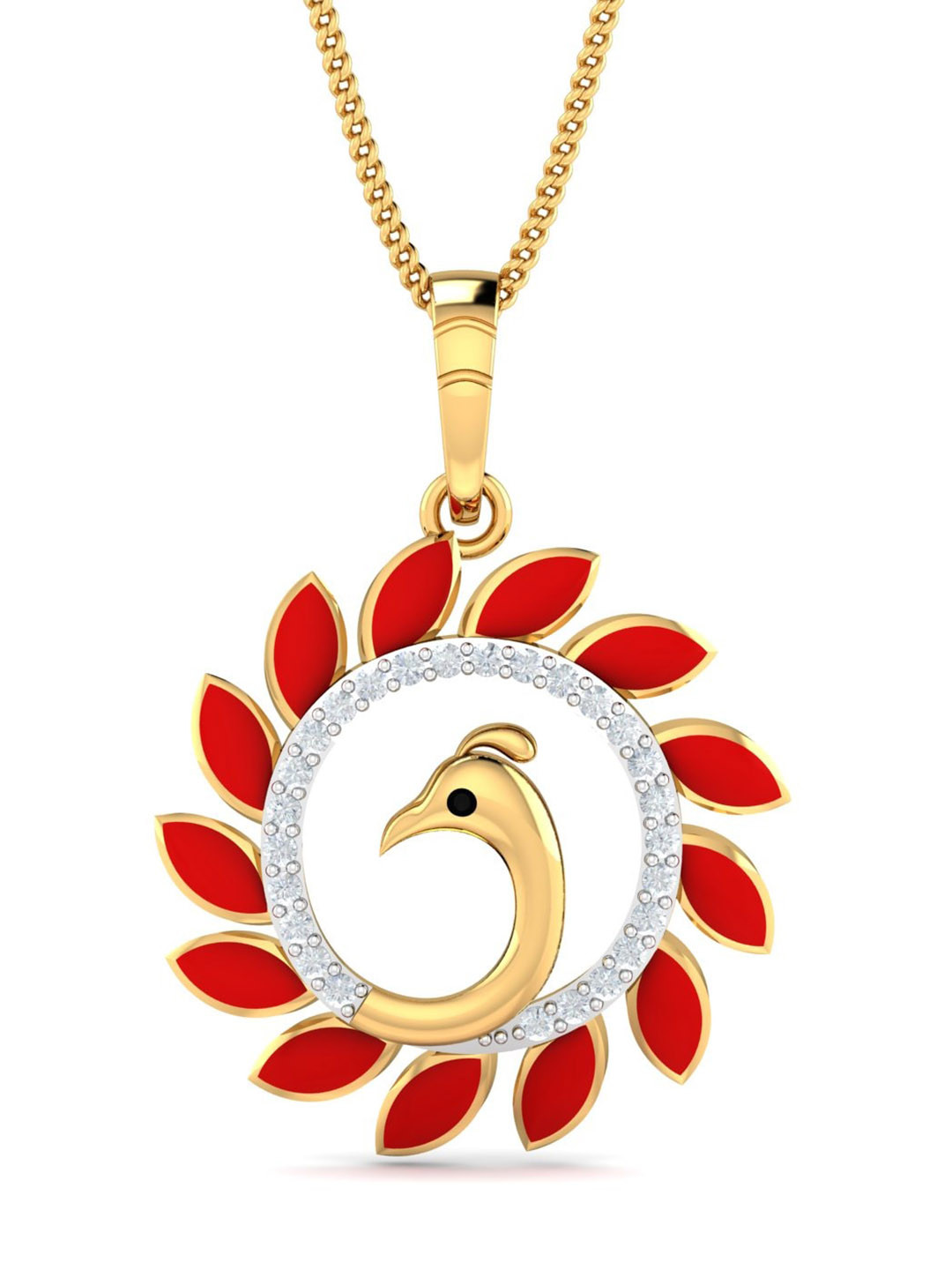 KUBERBOX 18KT Gold Diamond-Studded Seine Peacock Enamel Pendant 2.08 gm