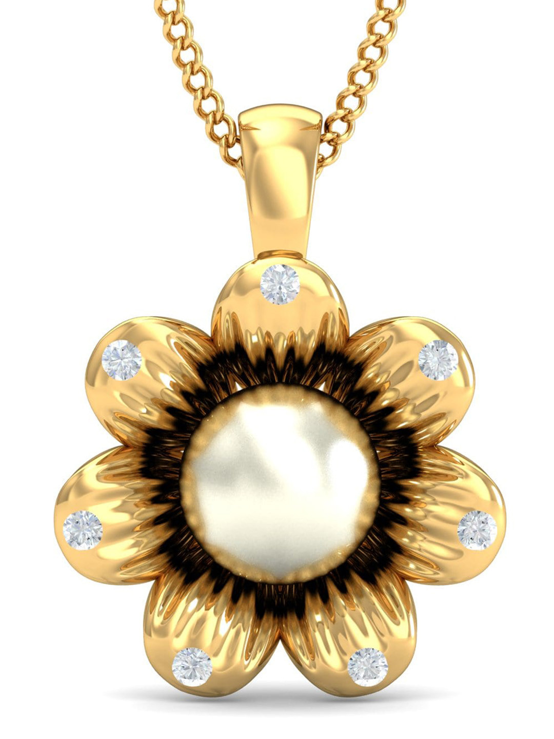 KUBERBOX Dahlia 18KT Gold Diamond Studded Floral Pearl Pendant -1.44g