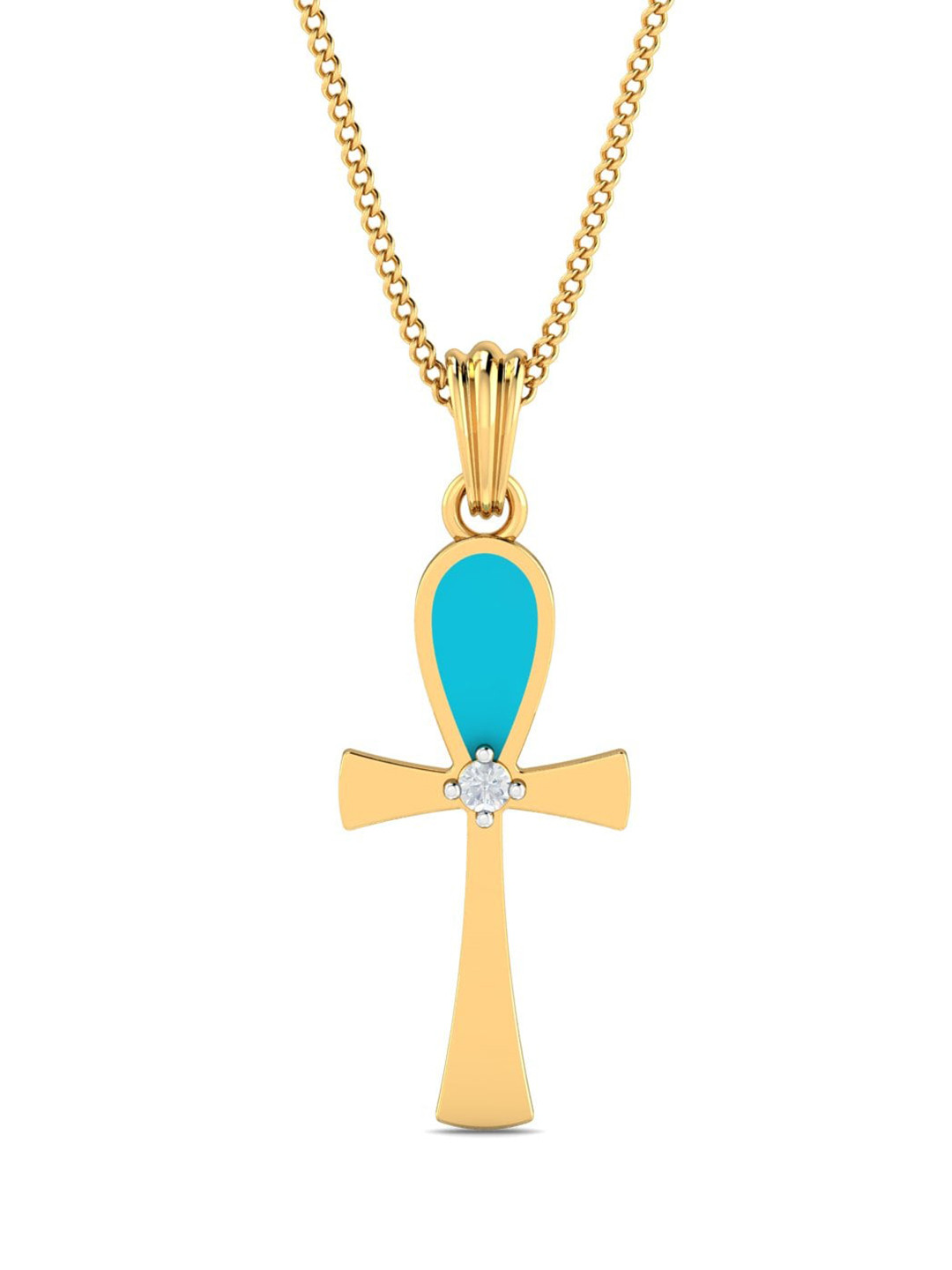 KUBERBOX 18KT Gold Diamond Studded Turquoise Cross Pendant-1.32g