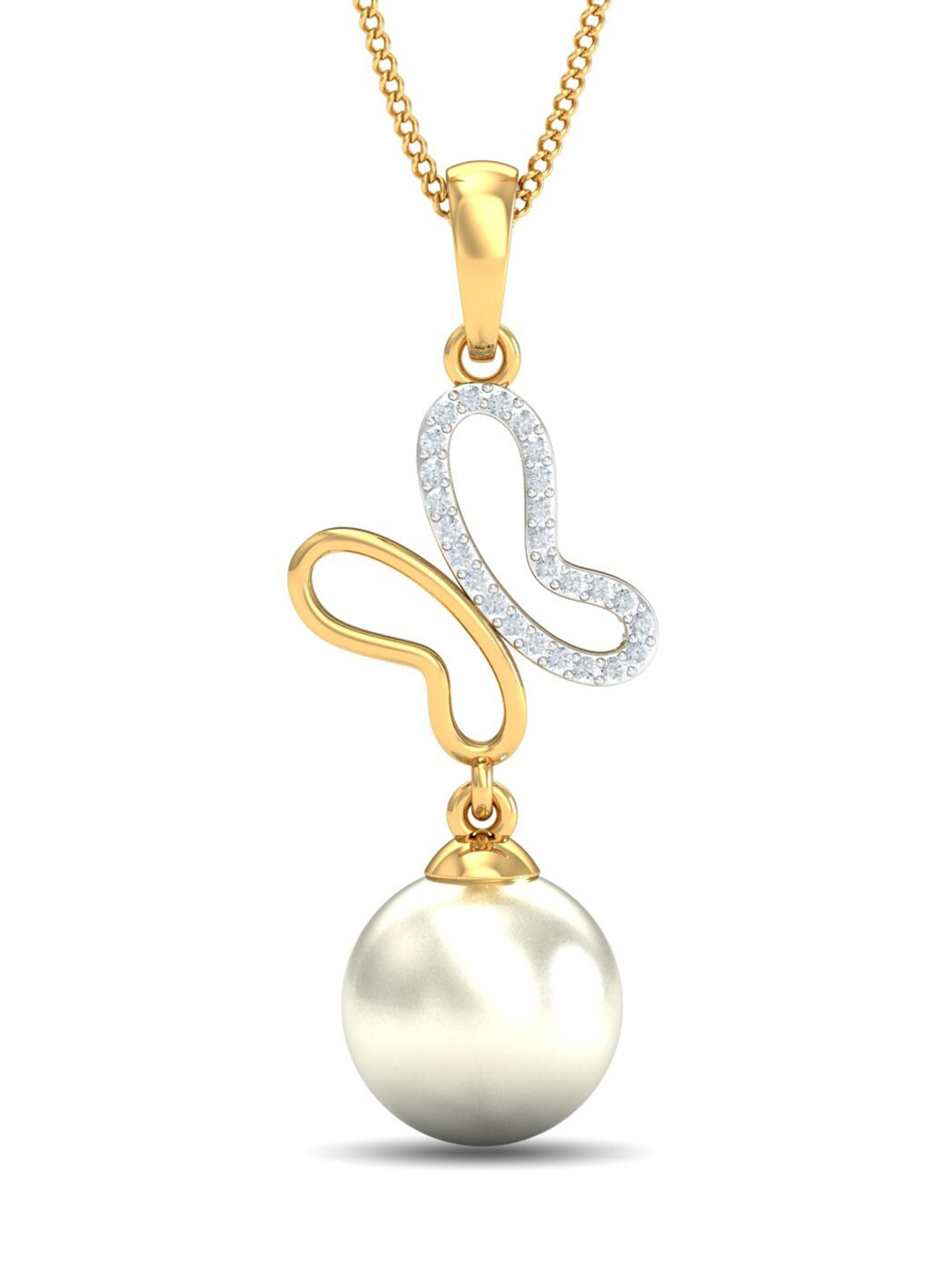 KUBERBOX Clara Fluttery 18KT Gold Diamond-Studded & Pearl Pendant- 0.77 gm