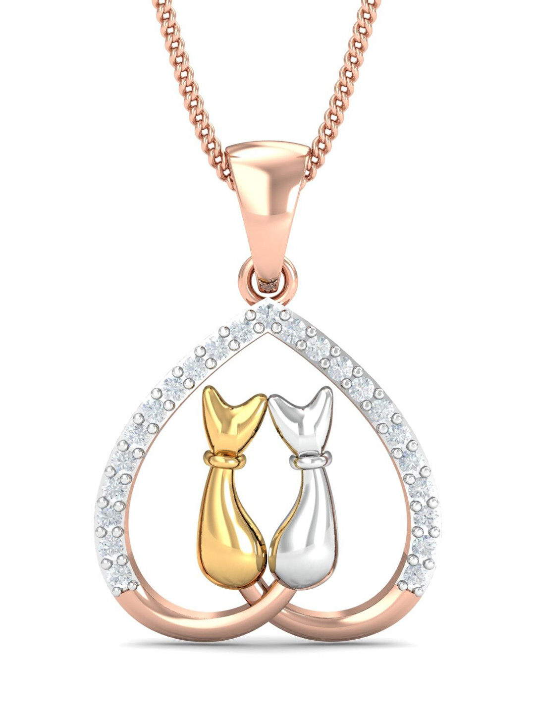 KUBERBOX 18KT Rose Gold Diamond-Studded Cats-in-love Pendant- 1.66 gm