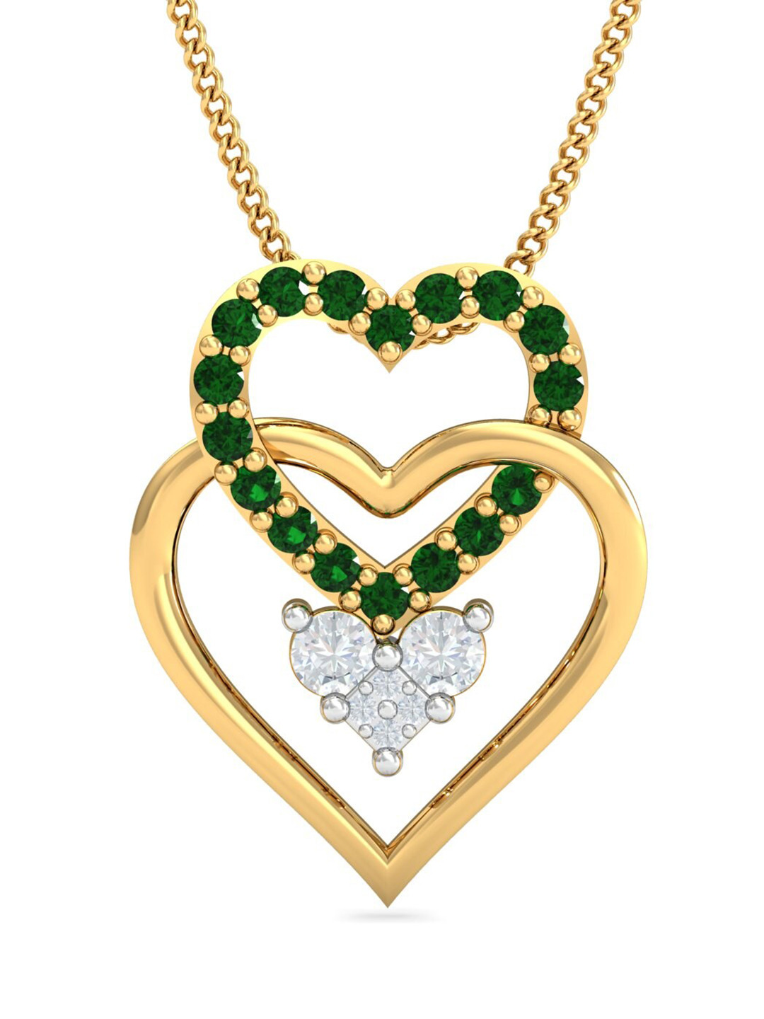 KUBERBOX Tri Heart 18KT Gold Diamond-Studded Emerald Pendant- 1.31 gm