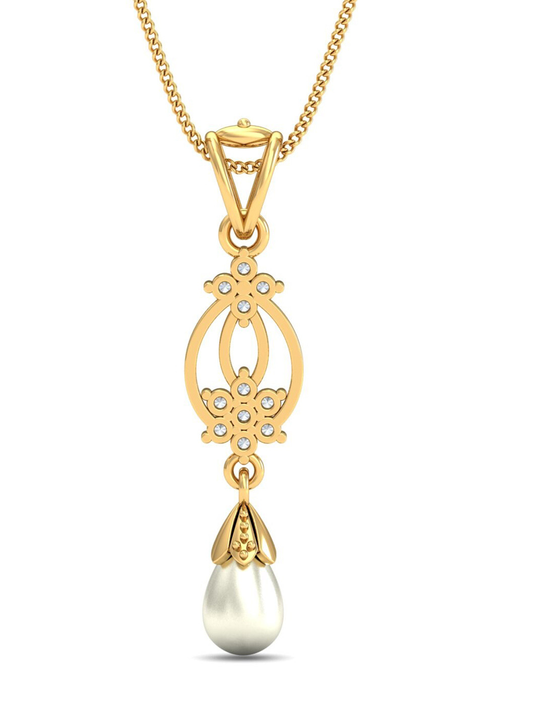 KUBERBOX Lizzie 18KT Gold Diamond Studded Pearl Pendant-1.14gm