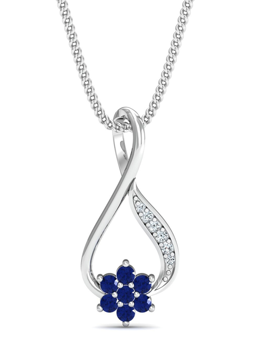 KUBERBOX 18KT White Gold Diamond Studded Twisty Loop Sapphire Pendant- 0.6gm