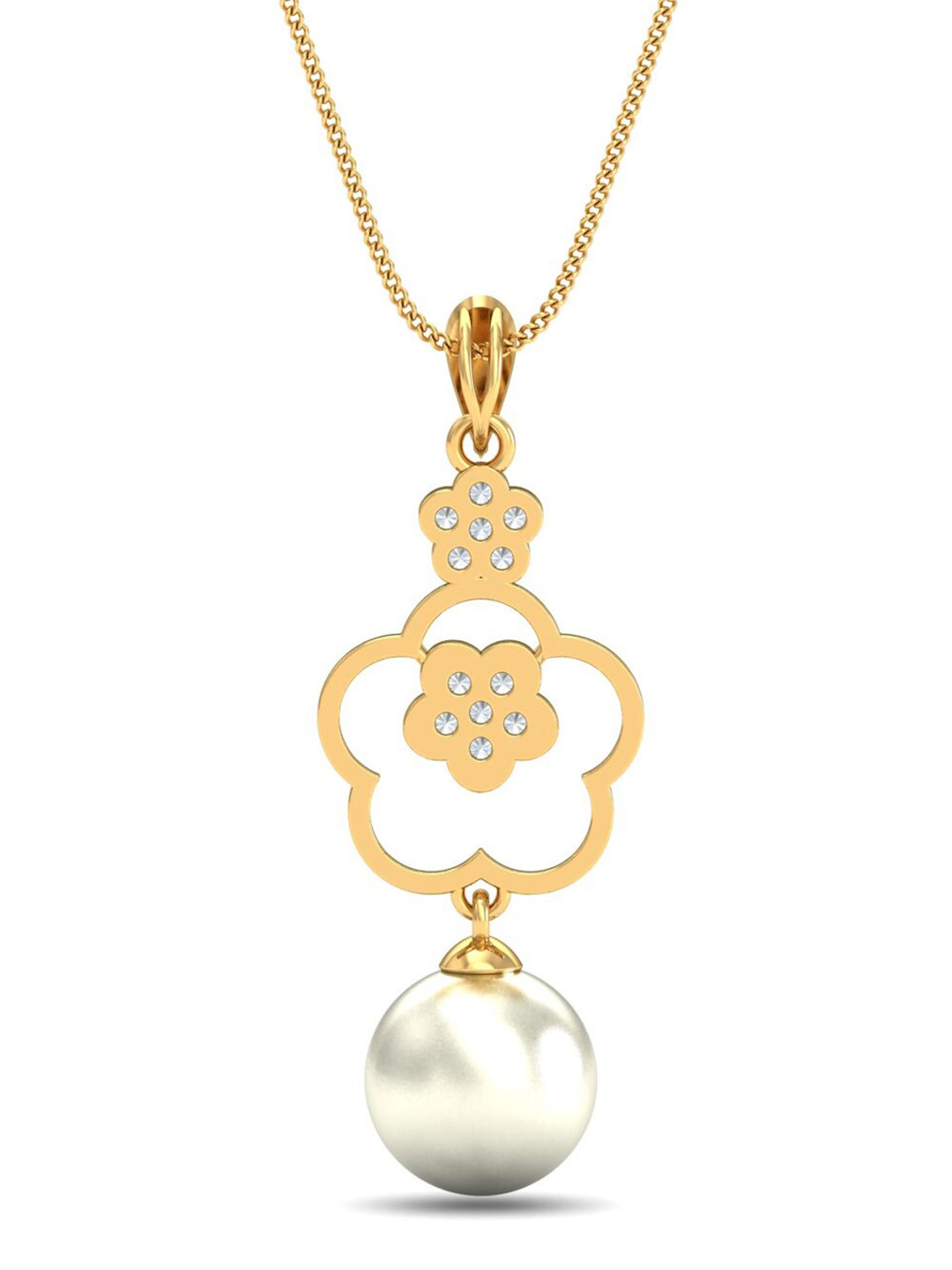 KUBERBOX 18KT Gold Diamond-Studded & Pearl Floral Drop Pendant- 1.35 gm