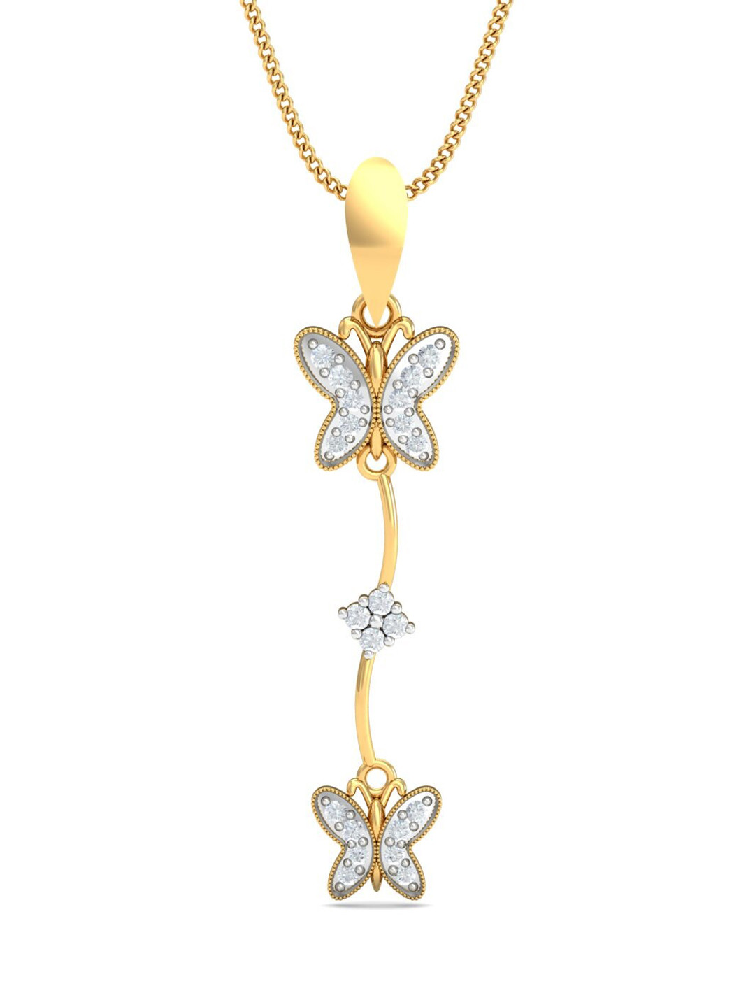 KUBERBOX 18KT Gold Diamond-Studded Double Butterfly Pendant- 1.08 gm