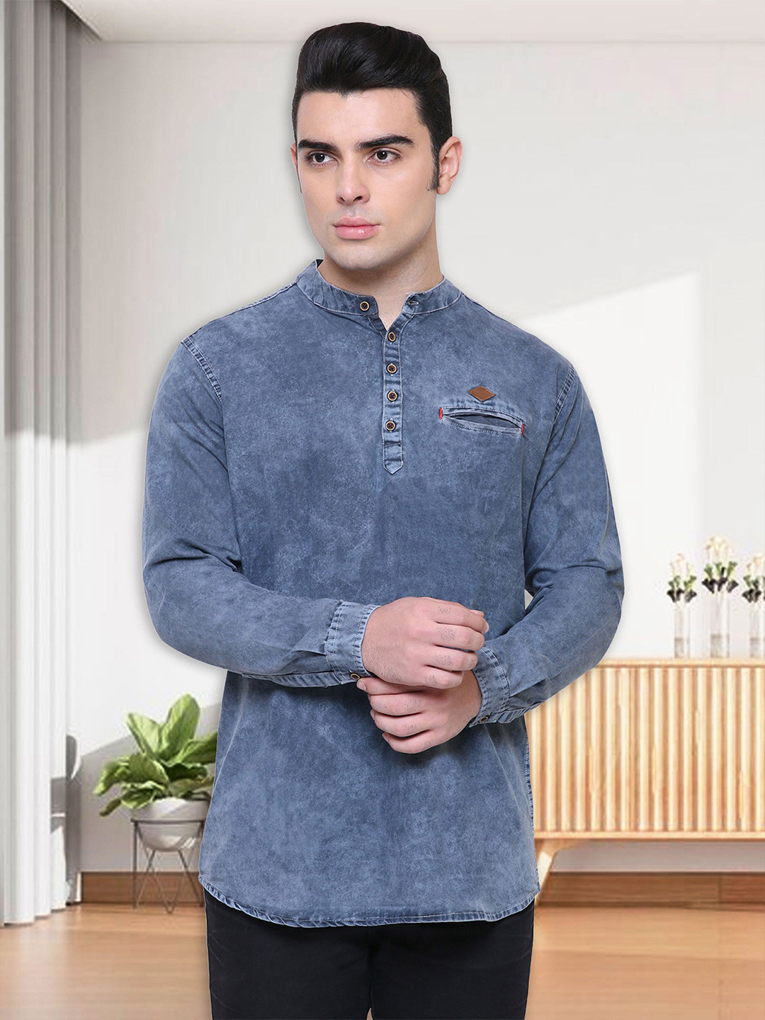 Kuons Avenue Band Collar Regular Denim Kurta