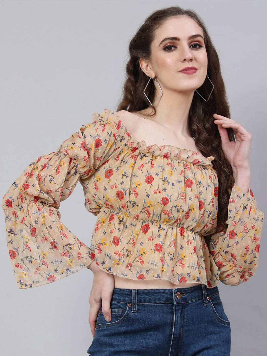 AKIMIA Floral Printed Off-Shoulder Bell Sleeve Cinched Waist Crop Top