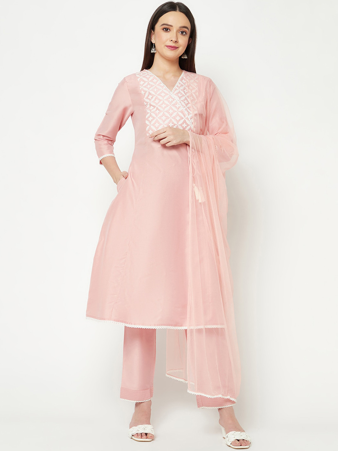 IMARA Ethnic Motifs Embroidered Angrakha Kurta With Trousers & Dupatta