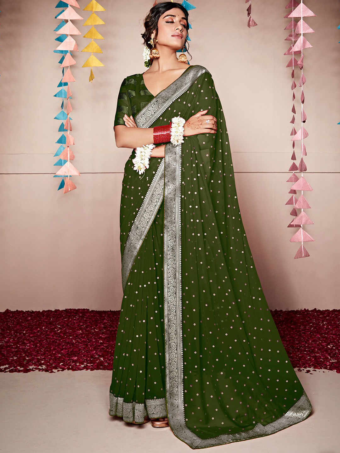 Anouk Olive Green & Red Polka Dot Zari Pure Georgette Saree