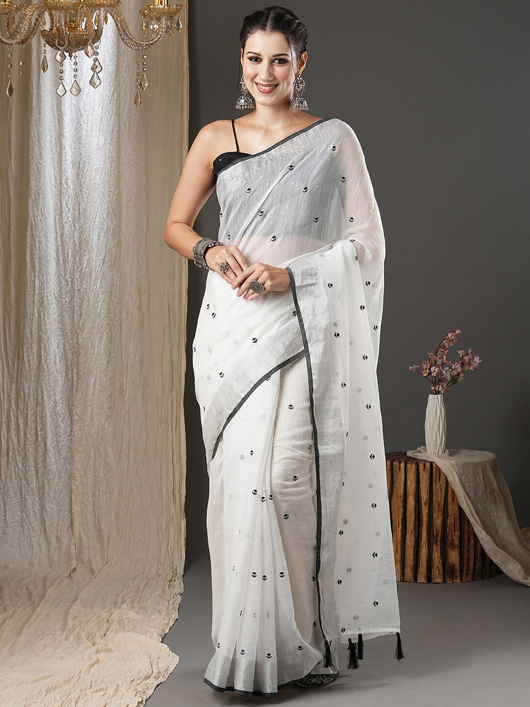 Anouk White & Black Floral Printed Zari Silk Cotton Saree