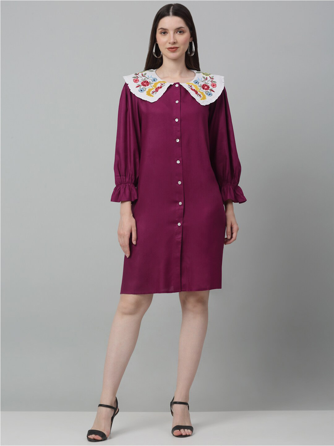 JAINISH Peter Pan Collar Puff Sleeves A-Line Dress