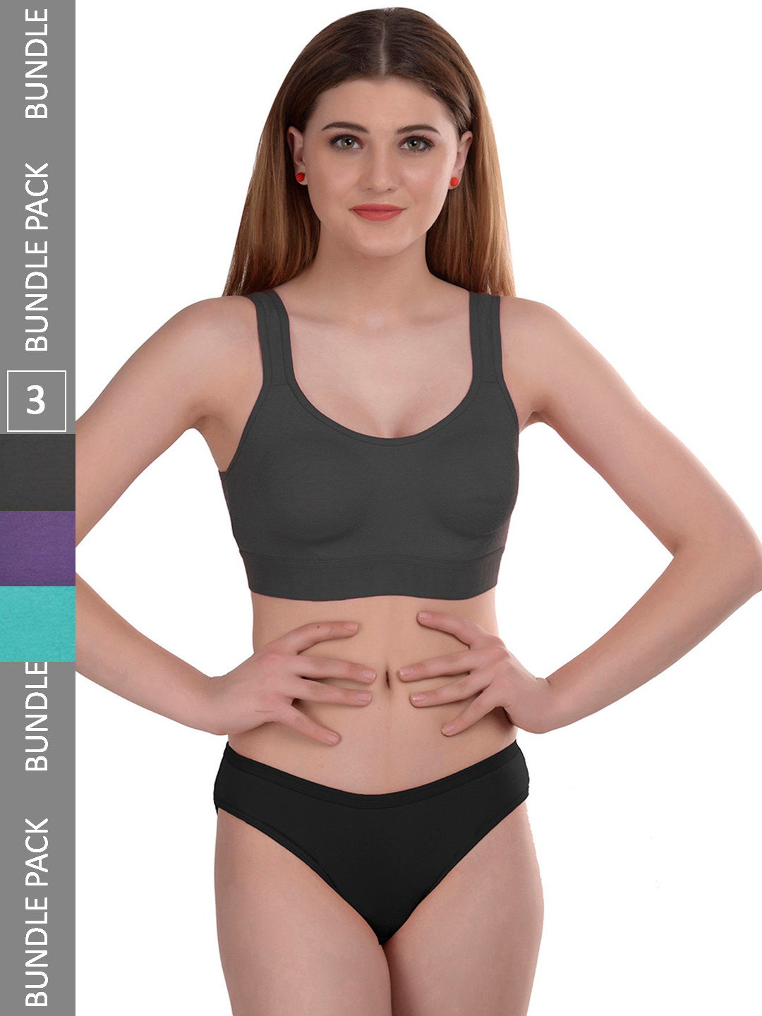 AROUSY Pack of 3 Non- Padded Non-Wired Cotton Bra & Briefs Gayla Set_Purple,Blue,Grey_36