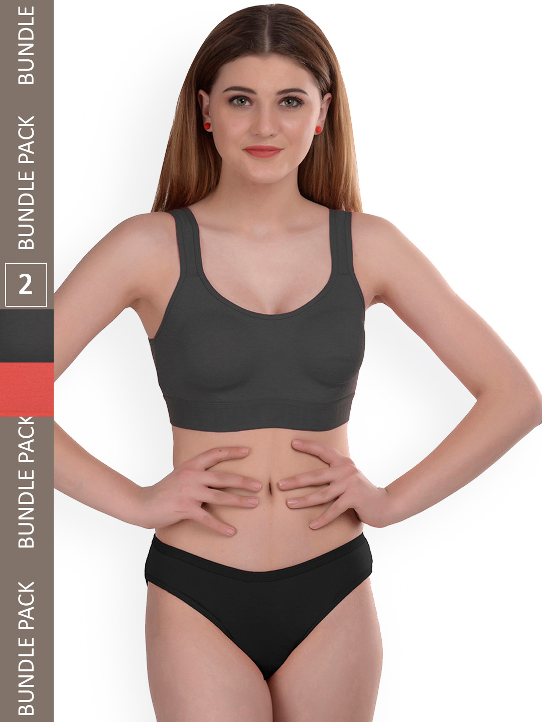 AROUSY Pack of 2 Non-Wired Cotton Lingerie Set Gayla Set_Grey,Orange_38