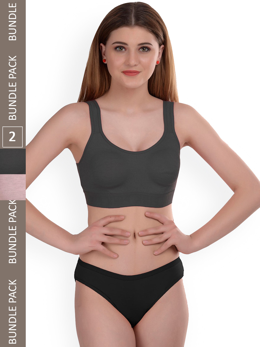 AROUSY Pack of 2 Non-Wired Cotton Lingerie Set Gayla Set_Grey,Brown_30